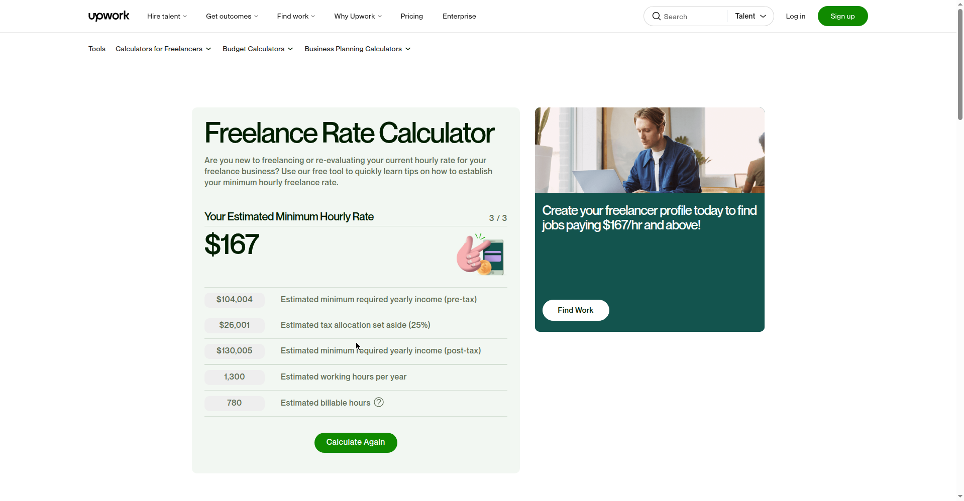 Screenshot of Upwork's freelance rate calculator showing $167 per hour when calculating how much to charge as a freelancer