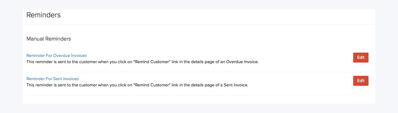 Zoho Invoice's manual reminder settings for sent and overdue invoices (official help documentation)